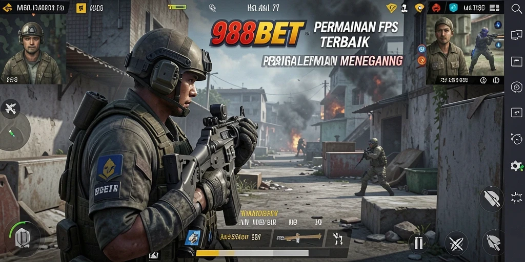 Screenshot gameplay 988BET menunjukkan aksi tembak-menembak yang intens dan mendebarkan.