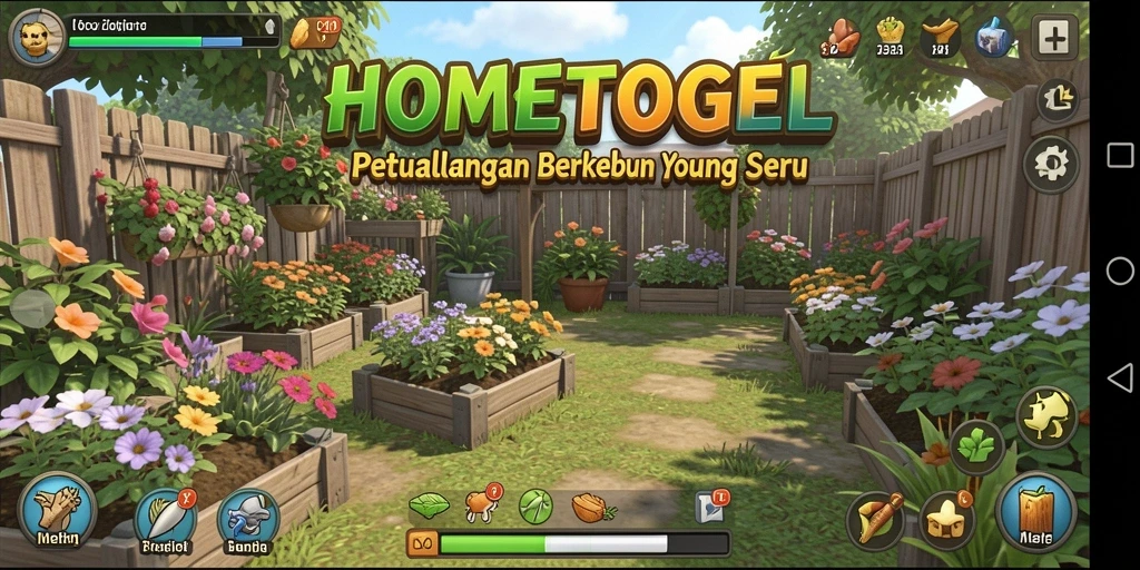 Tampilan gameplay HOMETOGEL menampilkan ladang subur dan berbagai tanaman yang siap dipanen.