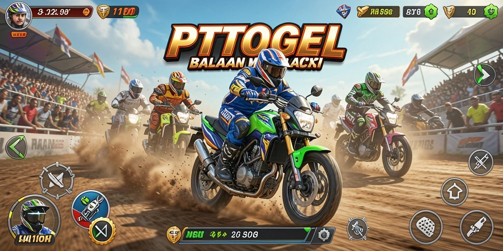 Screenshot gameplay PTTOGEL menunjukkan balapan motor yang seru dan kompetitif.