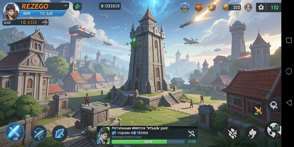 Tampilan gameplay menegangkan dari REZEGO dalam pertempuran Tower Defense.