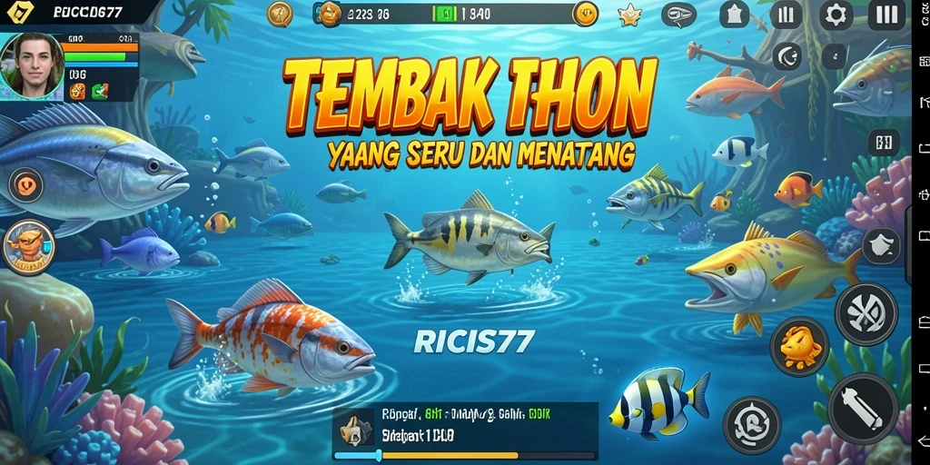 Screenshot RICIS77 menampilkan aksi seru menembak ikan di bawah laut.