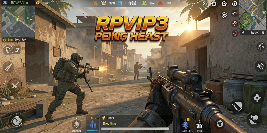 Screenshot gameplay RPVIP3 menampilkan aksi pertempuran yang intens di medan perang.