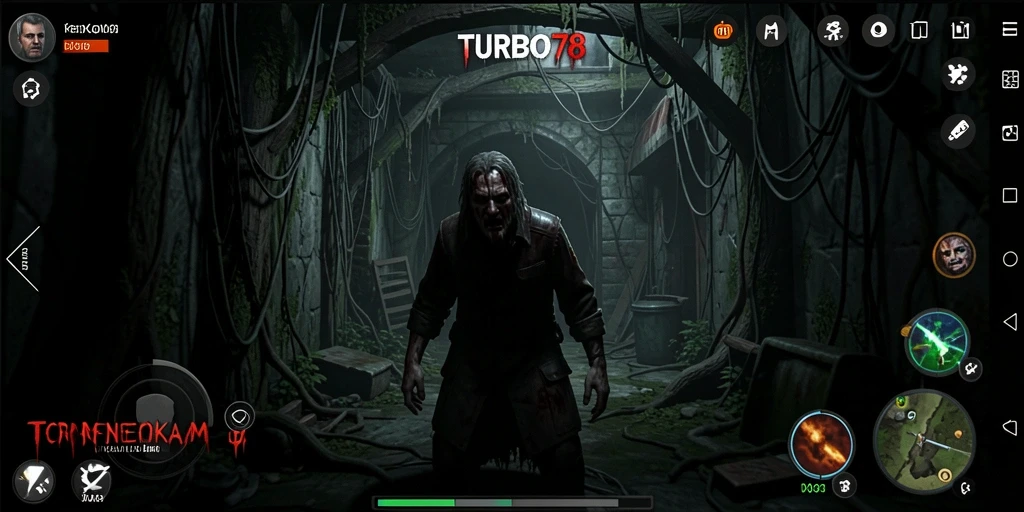 Tampilan gameplay menegangkan dari TURBO78 saat menghadapi makhluk menyeramkan.